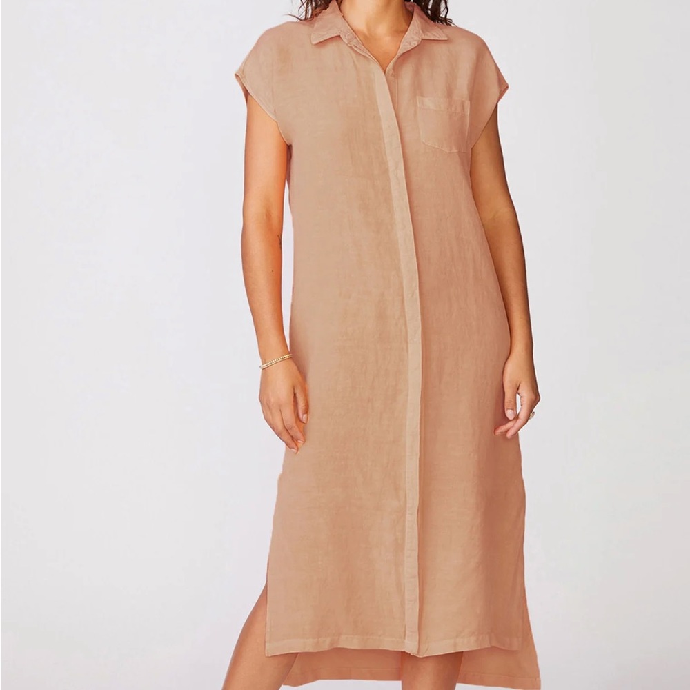 Stateside Linen Short Sleeve Maxi Shirt Dress in Cafe